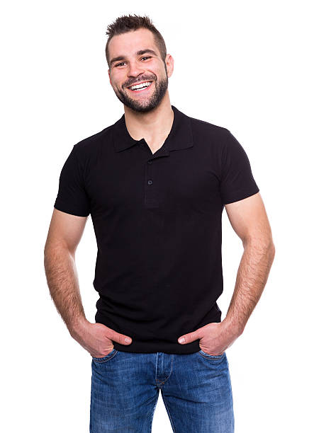 istock Young happy man in a black polo shirt 488558801