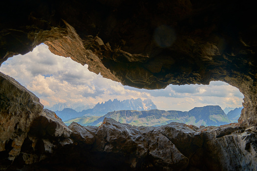 Post from world war 1. Cave on top of a Dolomite peak. it is possible to overlook the valley and shoot at enemies. The cave is located in high altitude and access is difficult and dangerous