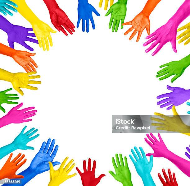 Group Of Colourful Hands Forming Circle Stock Photo - Download Image Now - Arms Outstretched, Arms Raised, Assistance
