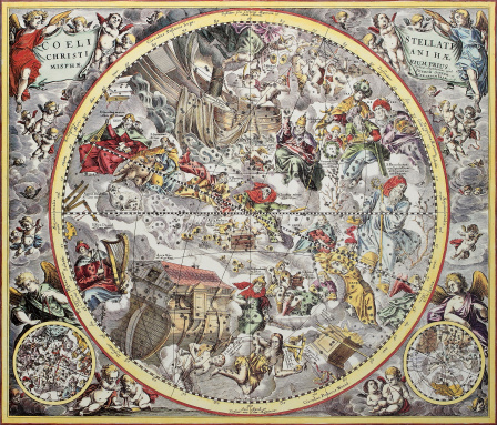 Old representation of Christian celestial hemisphere. From Atlas Coelestis, created by Andreas Cellarius, published in Amsterdam, ca. 1660