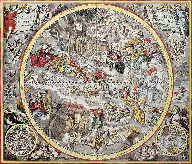 Christiani Haemisphaerium Old representation of Christian celestial hemisphere. From Atlas Coelestis, created by Andreas Cellarius, published in Amsterdam, ca. 1660 vintage maps stock illustrations