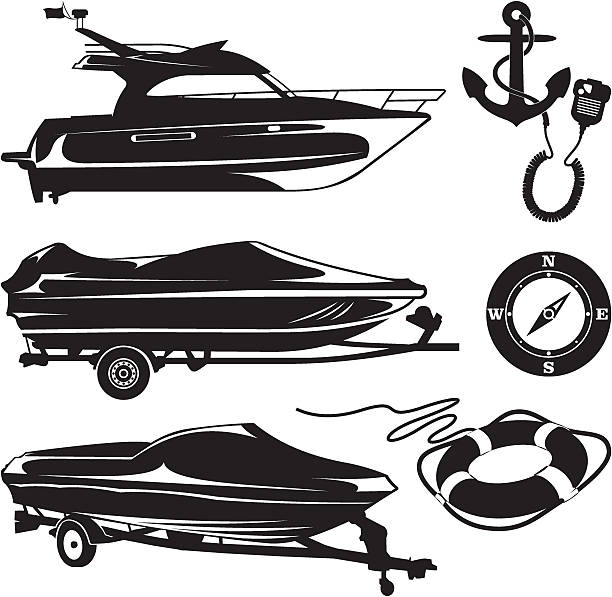 The boat trailer and boats with marine accessories The boat trailer and boats with marine accessories. Anchor, a portable radio, a compass, a lifeline. boat trailer stock illustrations