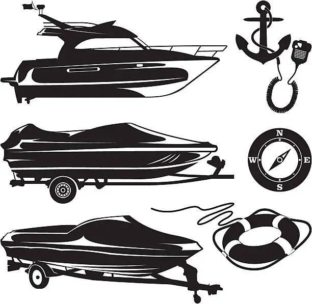 Vector illustration of The boat trailer and boats with marine accessories