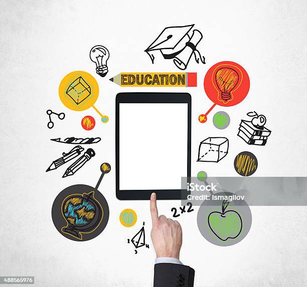 Finger Is Pushing The Button On The Tablet Stock Photo - Download Image Now - 2015, Apple - Fruit, Blank