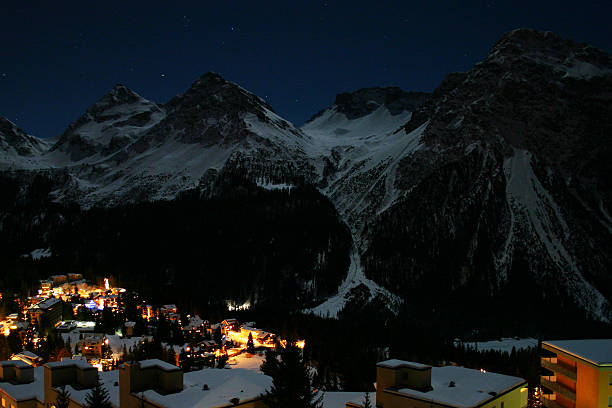 Night scene of Arosa Nigh View over Arosa, Switzerland.  arosa photos stock pictures, royalty-free photos & images