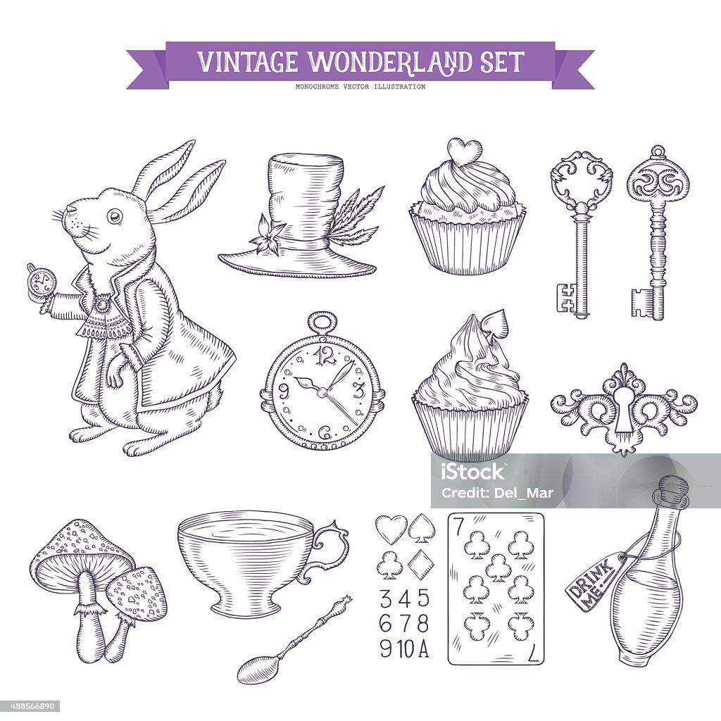 Wonderland hand drawn set of design elements. Wonderland hand drawn set of design elements. Vector vintage monochrome illustration. Alice in Wonderland - Fictional Character stock vector