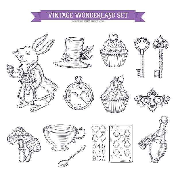 Wonderland hand drawn set of design elements. Wonderland hand drawn set of design elements. Vector vintage monochrome illustration. food cake tea sketch stock illustrations