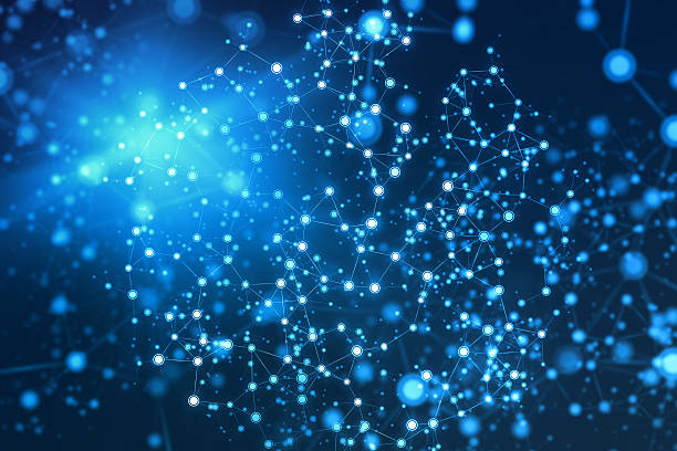 istock Abstract network with constellation of connecting nodes on blue background 488568734