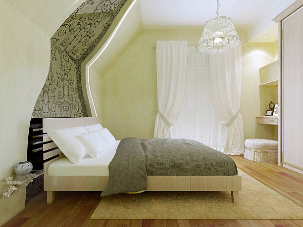 istock Bedroom with patterned mirror along the inclined wall 488573660