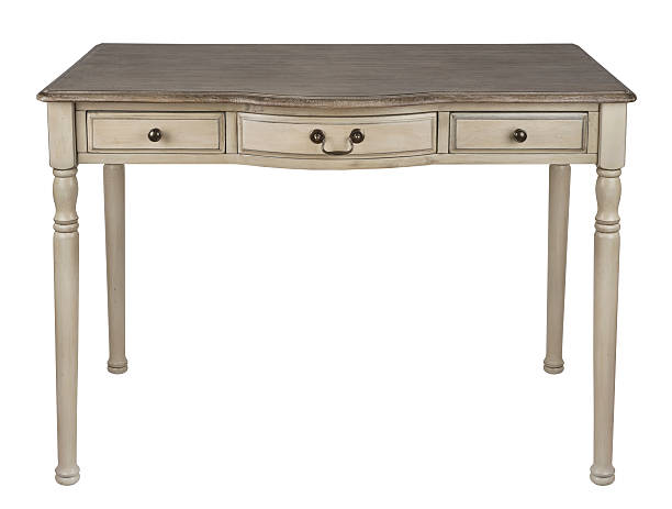 istock Vintage wooden writing table isolated on white background 488573742