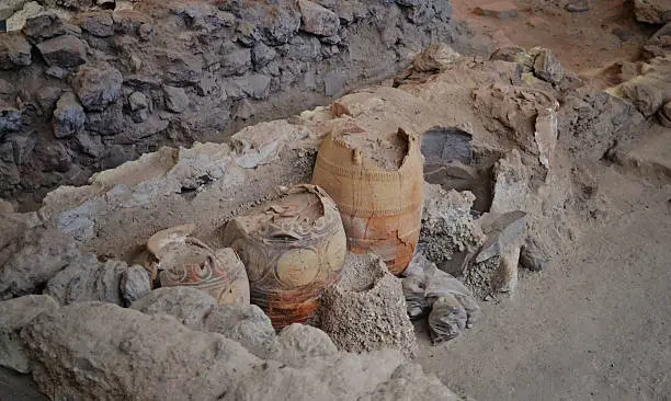 Excavated artifacts in the ancient settlement of Akrotiri, on Santorini island, Greece.