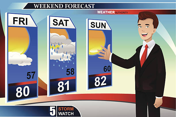 ilustraciones, imágenes clip art, dibujos animados e iconos de stock de weather news reporter - meteorología