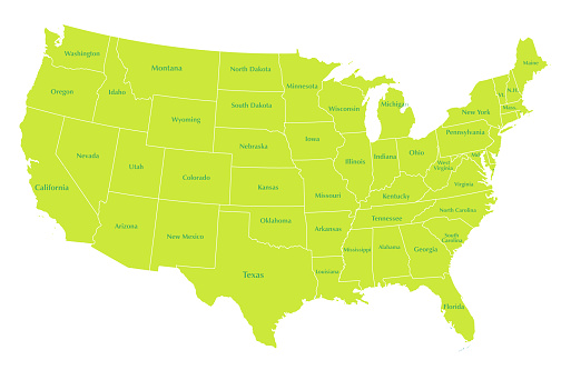 Detailed illustration of the United States of America. The map of the United States is rendered in green with a state names, although each state is outlined and can be colored as desired. White lines separate the states and provide boundary markers that divide the states from one another. The background is a solid white color.