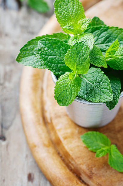 istock Green fresh mint on the wooden table 488575394