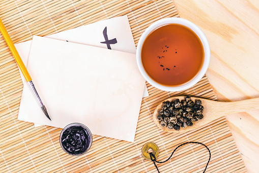 blank card and asian set of tea on wooden table. View from above.