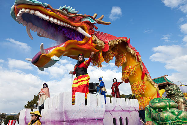 Nice, France - February 26, 2013: Gigantic float during the Carnival of Nice on February 26, 2013 on the French Riviera, Nice, France. This is the main winter event of the Riviera. The theme for 2013 was King of the five continents
