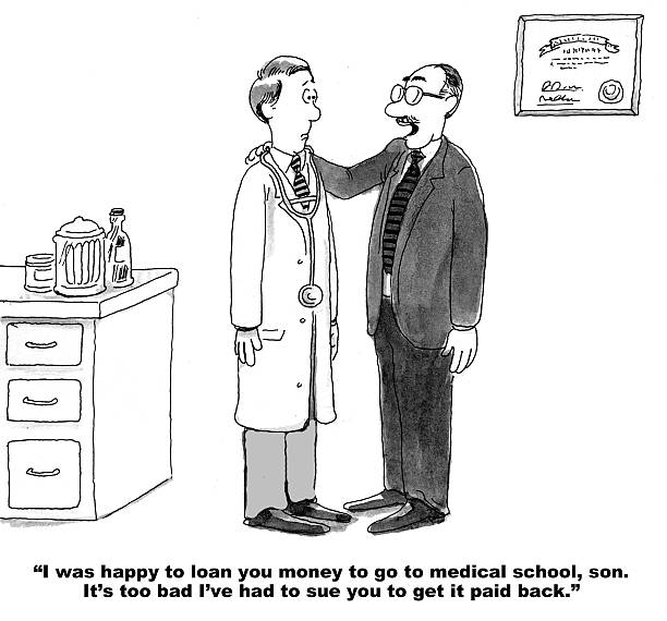 Pay Back Loans Legal and medical and tuition cartoon showing father saying to doctor son, 'I was happy to loan you money to go to medical school, son.  It's too bad I have to sue you to get it back'. lawyer cartoon stock illustrations