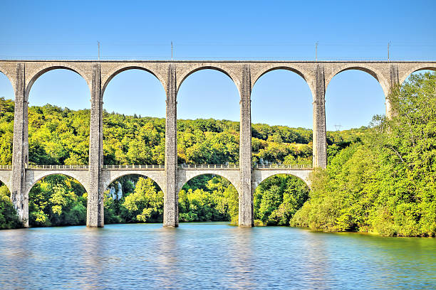 istock Old stone viaduct over large river between two hills HDR 488575756