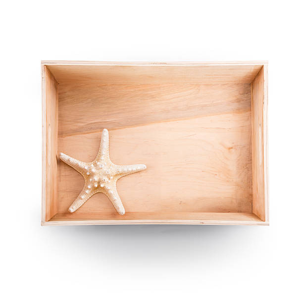 istock Top view of  wooden box. Starfish inside 488575768