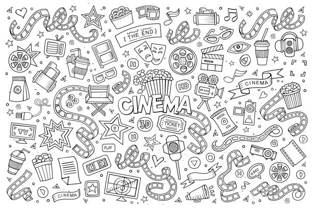 ilustraciones, imágenes clip art, dibujos animados e iconos de stock de cinema, film, movie bocetos y garabatos vector símbolos - high definition television audio