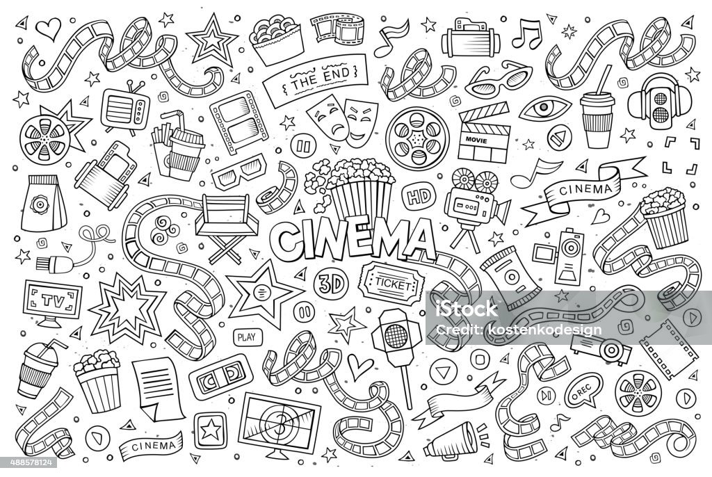 Cinema, movie, film doodles sketchy vector symbols Cinema, movie, film doodles hand drawn sketchy vector symbols and objects Movie Theater stock vector