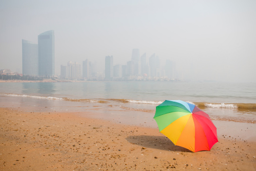 colorful umbrella on the beach, Qingdao, China