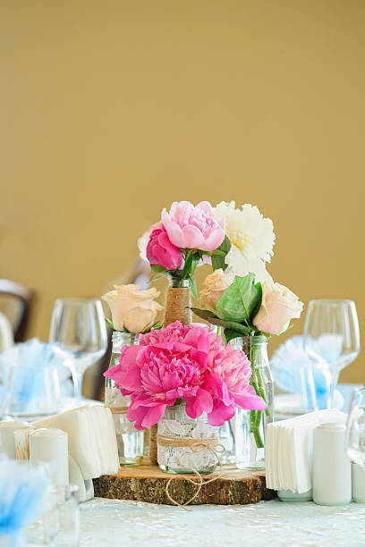 istock Flower composition with pink peonies and cream roses 488579130