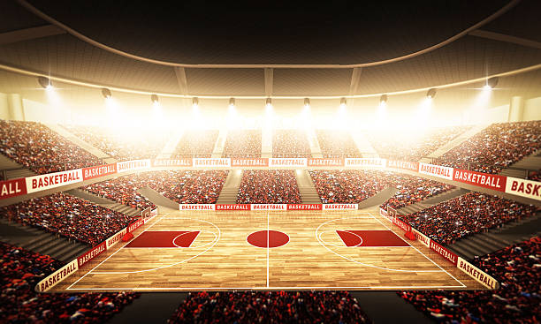 Basketball arena An imaginary basketball arena  is modelled and rendered. scoreboard stadium sport seat stock pictures, royalty-free photos & images