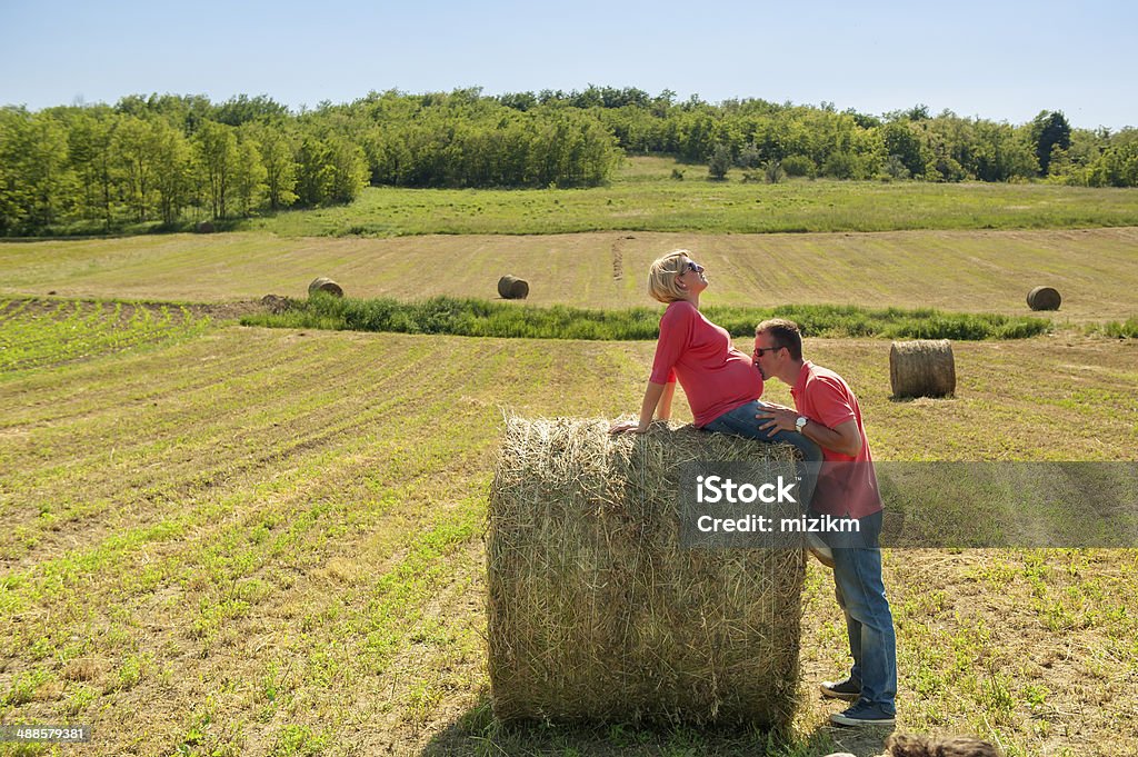 Portrait of a happy pregnant couple in spring field. Portrait of a happy pregnant couple in jeans and pink t-shirts in the middle of a field. The girl sit in the top of straw bale and the boy kiss her belly. Adult Stock Photo