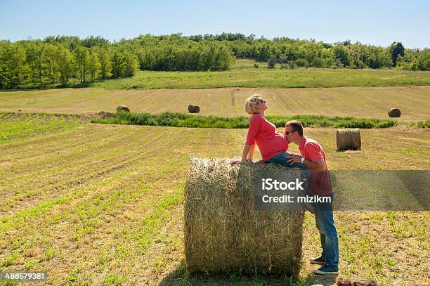 Portrait Of A Happy Pregnant Couple In Spring Field Stock Photo - Download Image Now