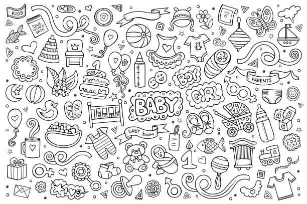 skizzenhafte vektor-zeichnung doodle cartoon set von gegenständen - baby congratulating toy birthday stock-grafiken, -clipart, -cartoons und -symbole