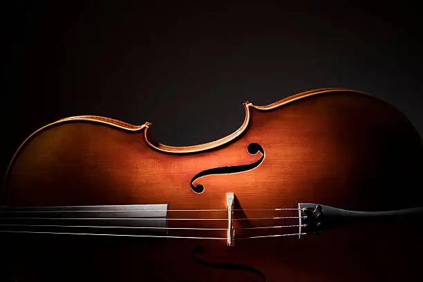 Silhouette of a Cello on black background with copy space for music concept