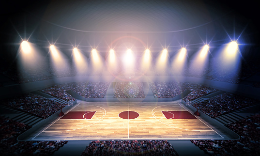 An imaginary basketball arena is modelled and rendered.