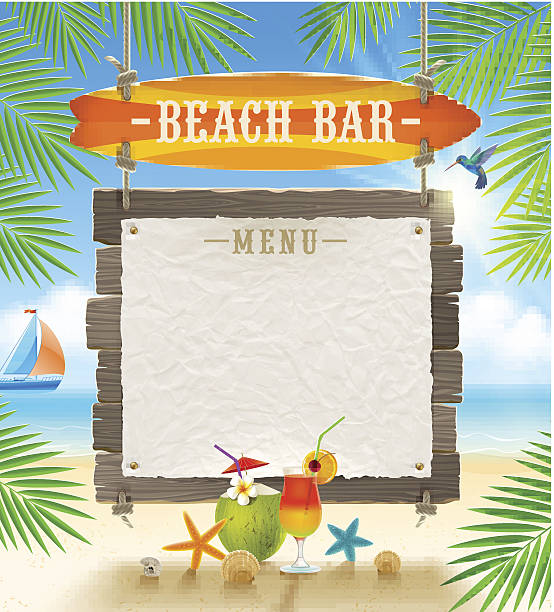 Tropical beach bar signboard and banner for menu Tropical beach bar  - signboard surfboard and paper banner for menu - summer holidays vector design. beach bar stock illustrations