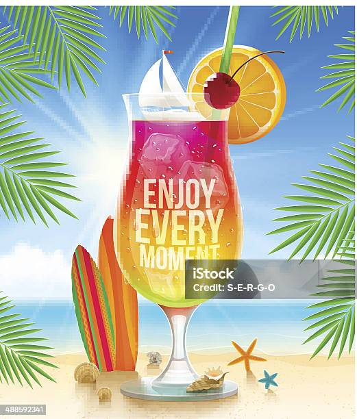 Exotic Cocktail With Summer Greeting On The Tropical Beach Stock Illustration - Download Image Now