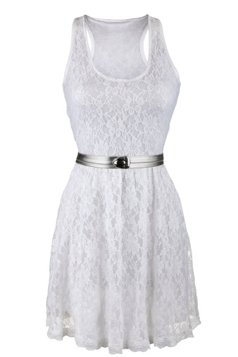 White lace dress with silver belt, isolated on white