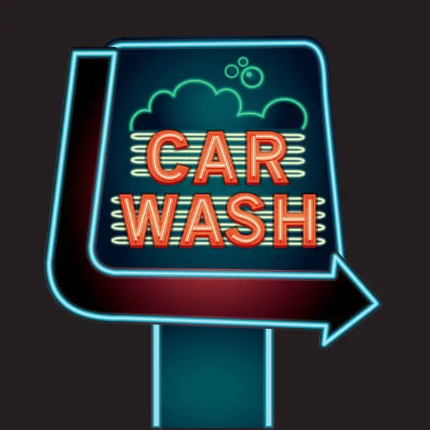 Vector illustration of Car Wash with bubbles neon sign