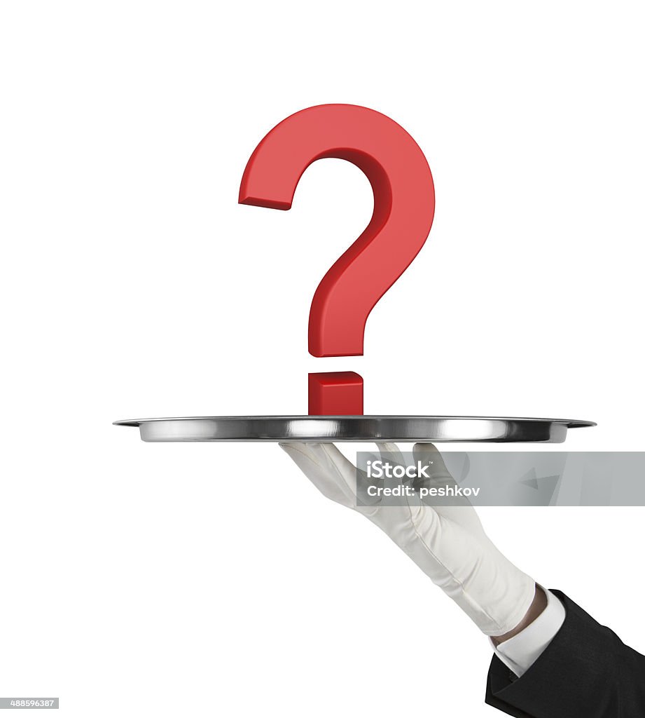 plate with question mark human hand holding silver plate with red  question mark Abstract Stock Photo