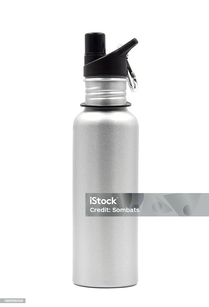 Metallic water bottle with a carabiner clip on white background. Water Bottle Stock Photo
