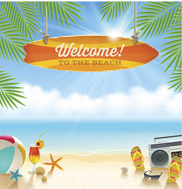 ilustraciones, imágenes clip art, dibujos animados e iconos de stock de vacaciones en la playa de ilustración vectorial - tourist resort audio