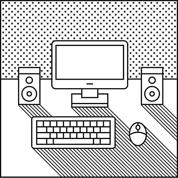 モノクロのコンピューター - wallpaper retro revival computer keyboard computer monitor点のイラスト素材／クリップアート素材／マンガ素材／アイコン素材
