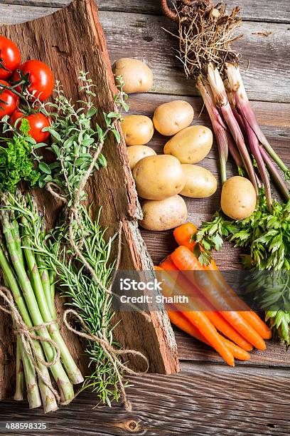 Fresh Various Vegetables On Bark Stock Photo - Download Image Now - Agriculture, Asparagus, Carrot