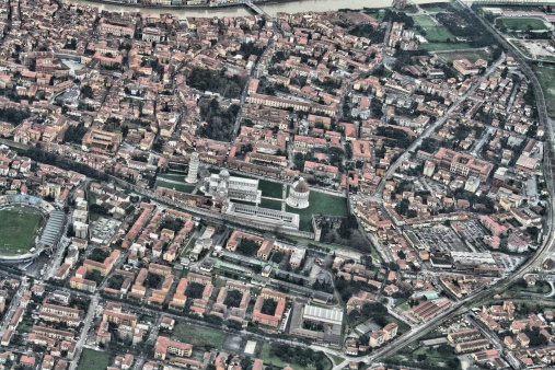 Aerial shot of the city of Pisa, Italy, Eirope.