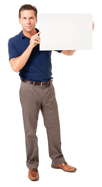 istock Causal businessman with blank sign on white 488600166