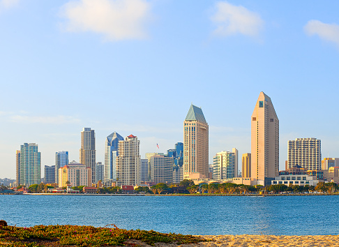 San Diego California, skyline of downtown business district on a beautiful sunny summer day