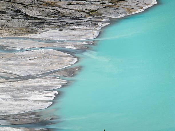 Rock flour from a glacier draining into a and creating a tuquoise solored water effect.