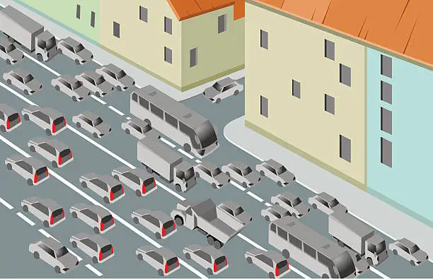 Vector illustration of Heavy traffic in the city. Cartoon style. Concept. Postcard. Poster.