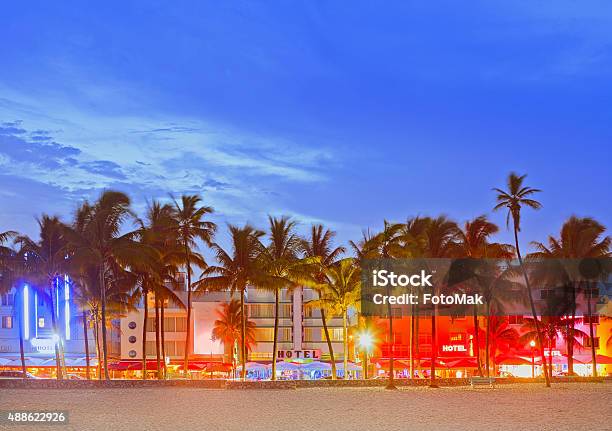 Miami Beach Florida Sunset Over Illuminated Skyline Stock Photo - Download Image Now