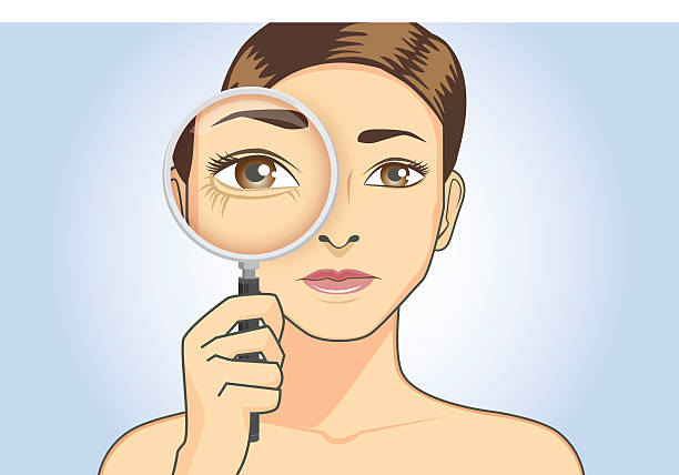 Beautiful woman magnifying wrinkle at her eye A magnifier on hand magnifying the woman facial to finding wrinkle at her eye face-angles stock illustrations