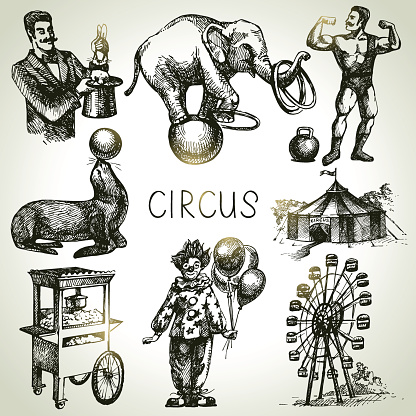 Hand drawn sketch circus and amusement vector illustrations. Vintage icons